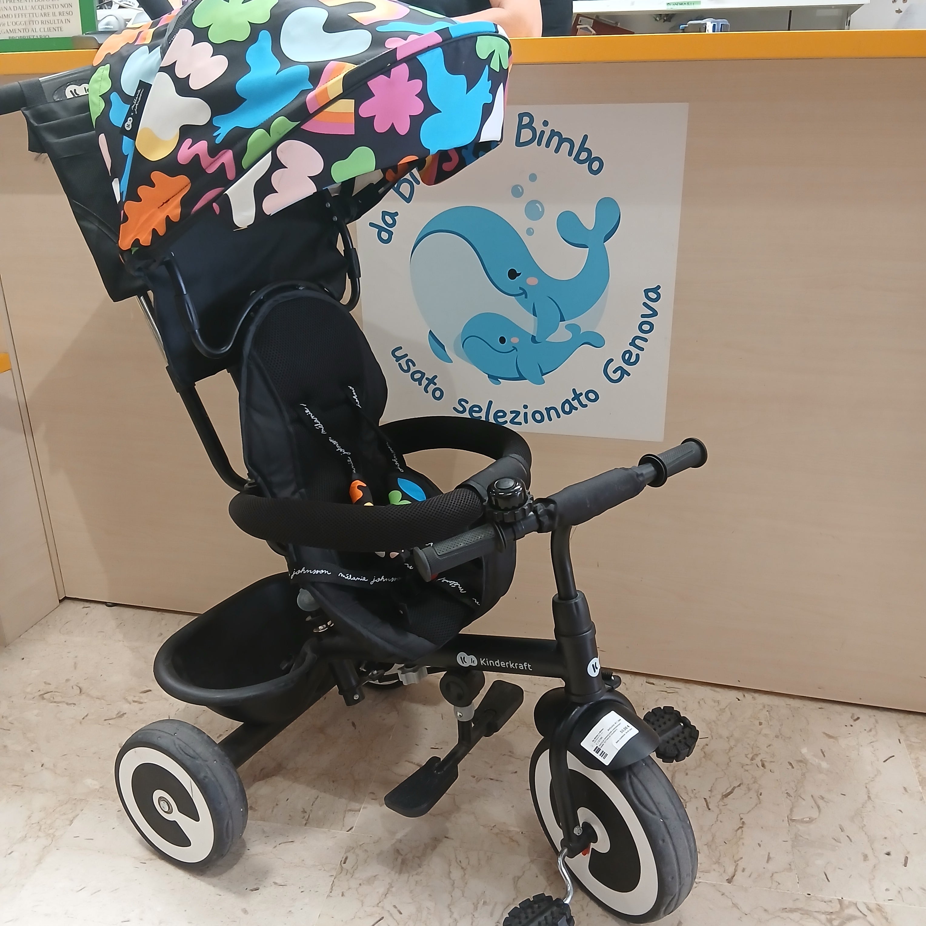 Triciclo Maniglione Kinderkfraft Nero Tettuccio Colorato